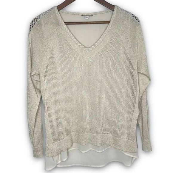 Lucky Brand Women's‎ Cream Metallic Mixed Media Crochet V-Neck Sweater Medium - Picture 1 of 10